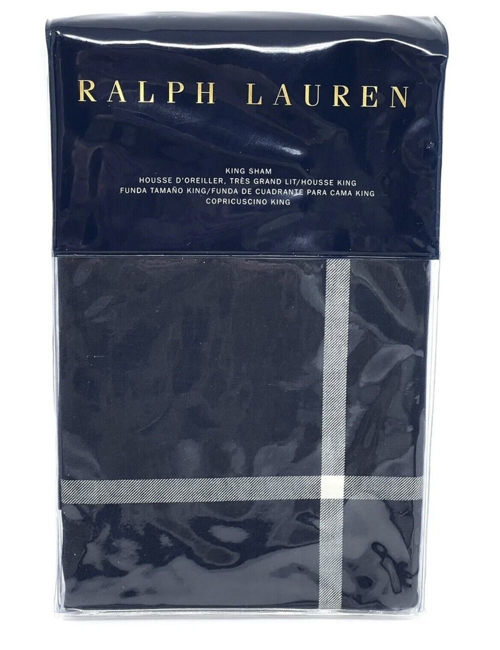 1 Ralph Lauren Modern Equestrian Windowpane King Size Pillow Sham Navy Cream ONE